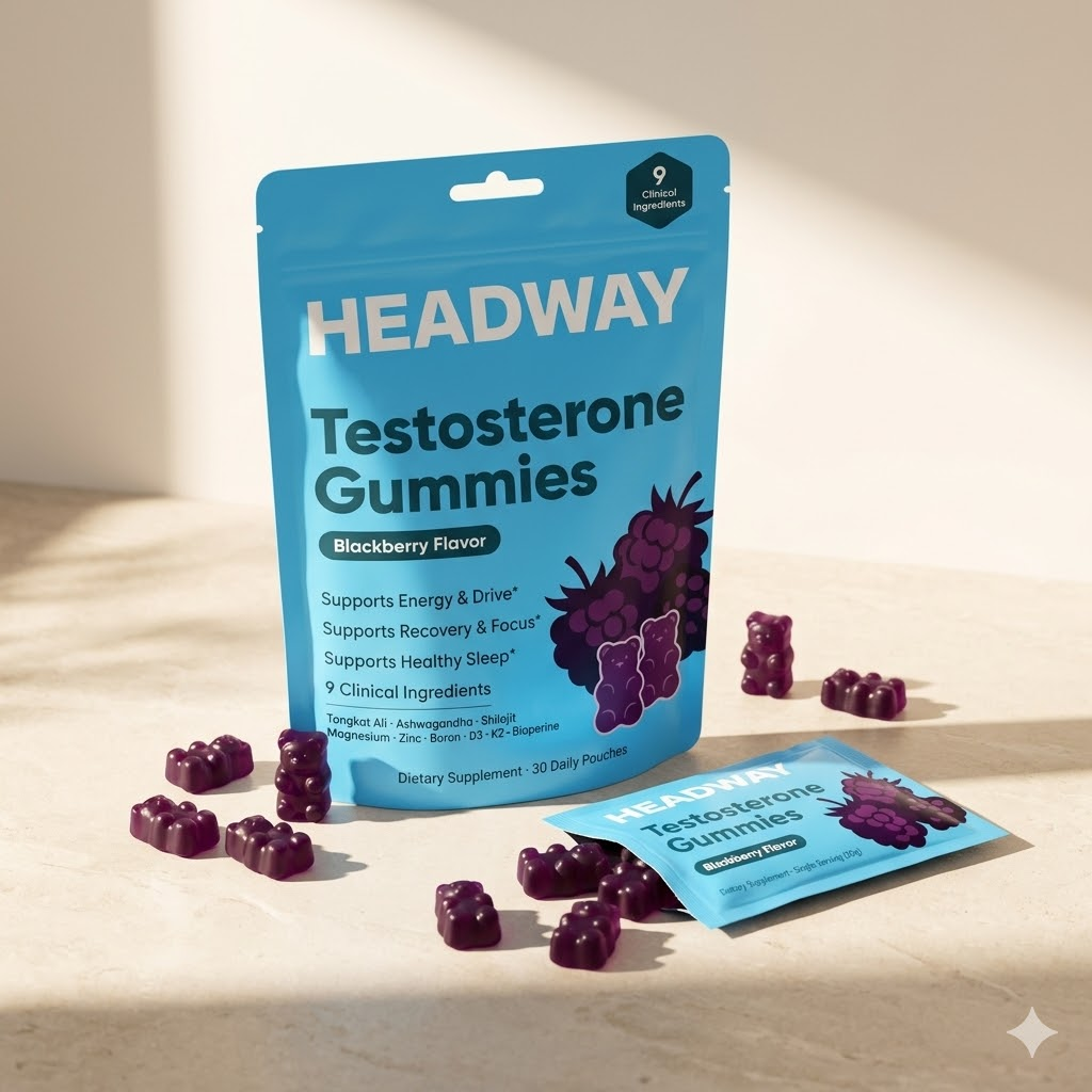 Headway Testosterone Gummies blackberry-flavor standup pouch with single-serving sachet and scattered purple gummy bears on a warm stone surface.
