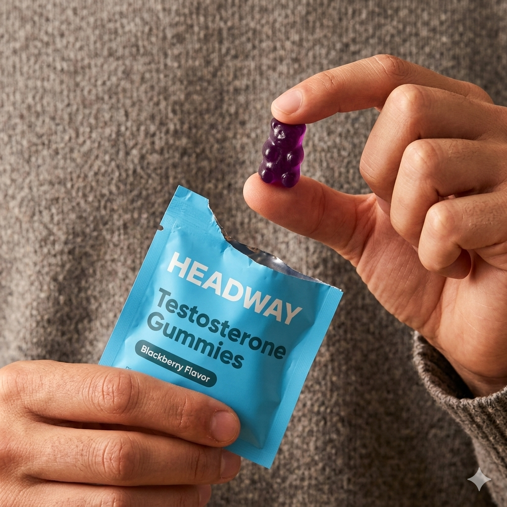 Hands holding a single-serving aqua-blue Headway Testosterone Gummies blackberry-flavor sachet while pinching a purple gummy bear, set against a gray knit sweater.